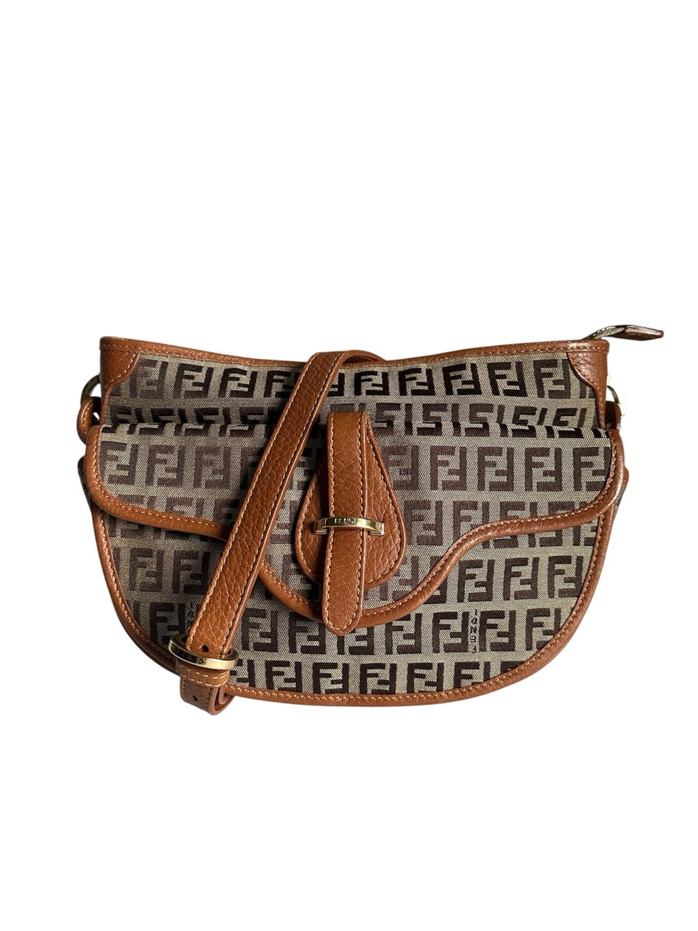 Vintage Fendi Zucchino Canvas Crossbody Bag Monogram Brown Saddle Flap 8BT088